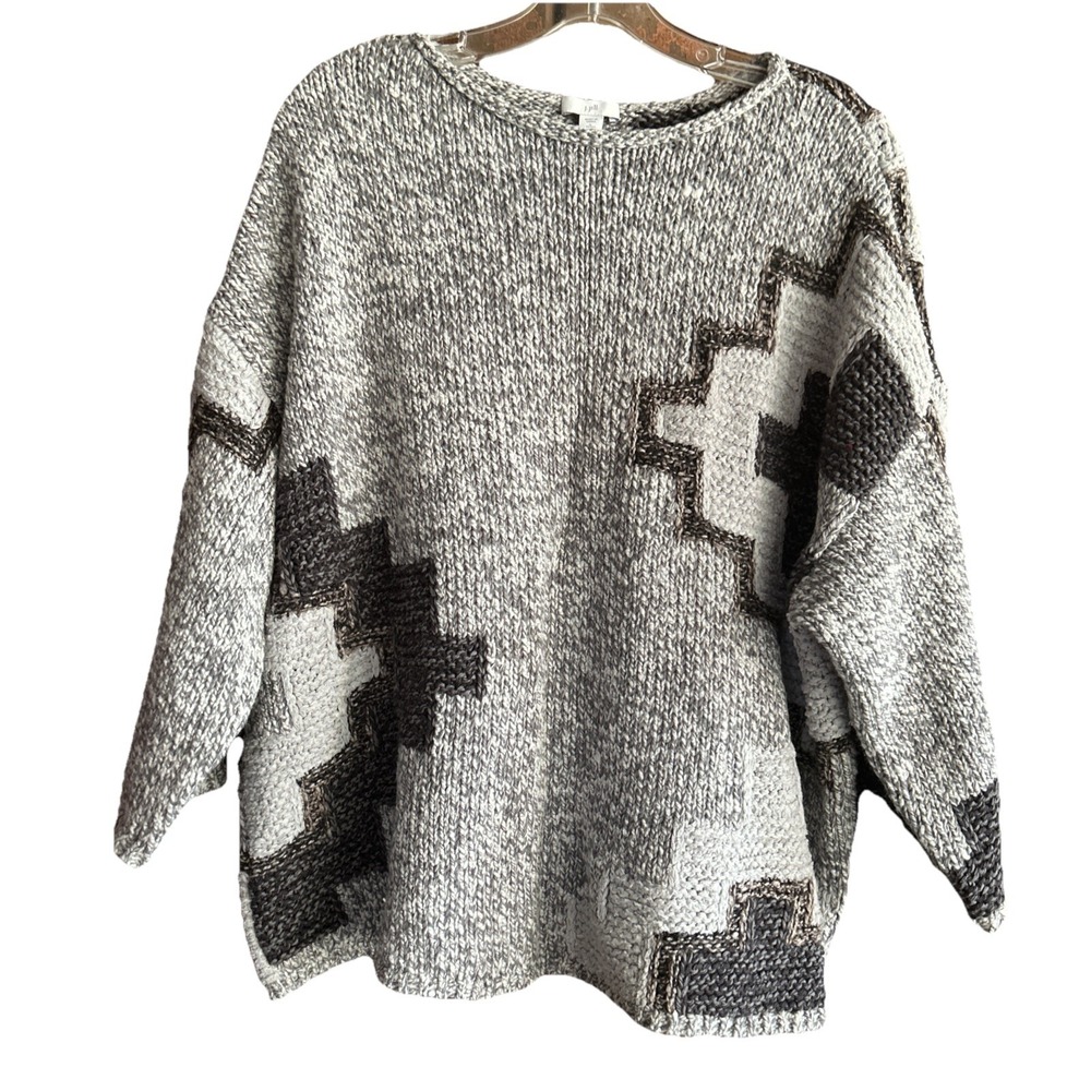 J Jill Chunky Knit Sweater Gray Southwest Aztec Tribal 3/4 Sleeve Large Petite